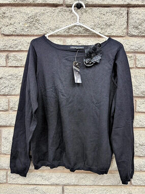 ECI New York Women’s 1X Black Silk Blend Sweater Floral Appliqué NWT